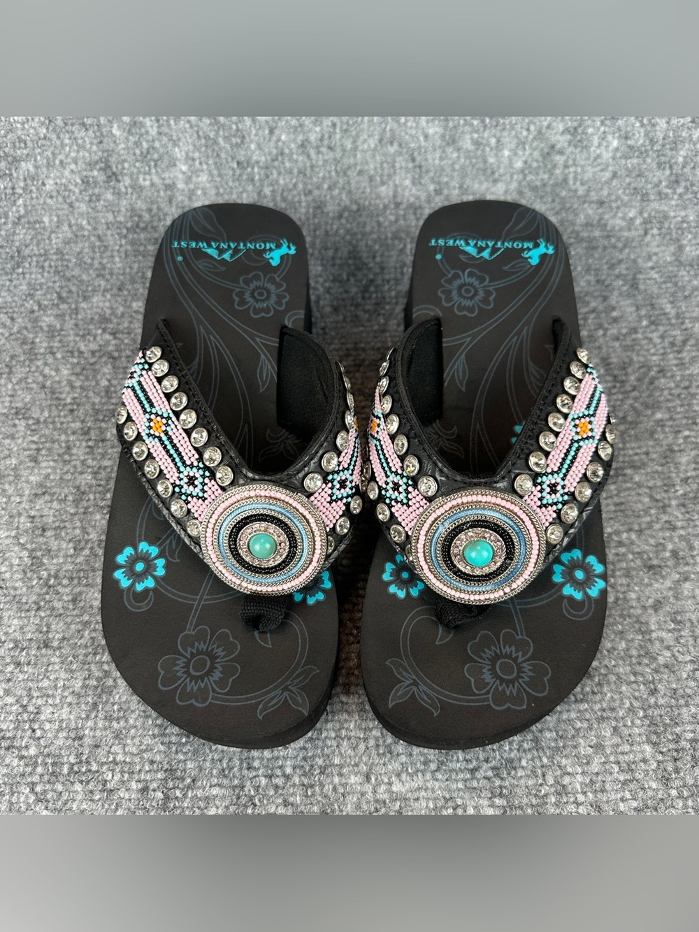 Montana West Beaded Western Wedge Flip Flops Women's Size 7 Black Turquoise - Picture 4 of 16